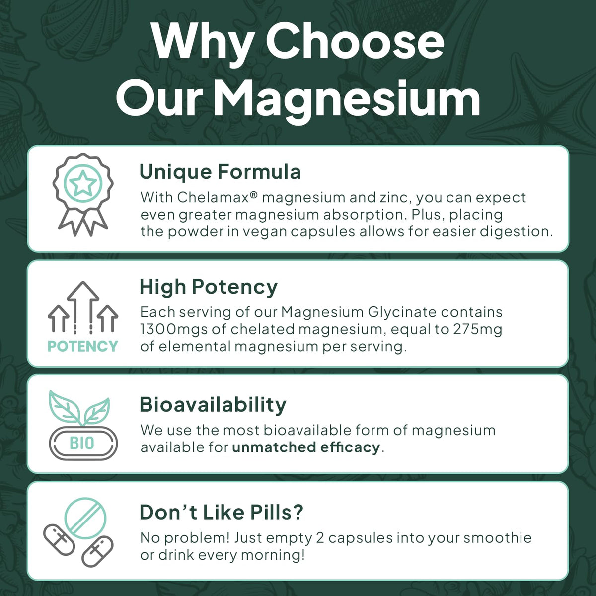 Organics Ocean Pure Magnesium Glycinate with Zinc – Maximum Strength Chelated Magnesium for Sleep & Muscle Support (6 Bottles)