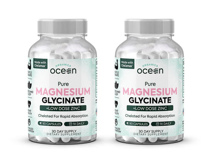 Organics Ocean Magnesium Glycinate with Zinc - Maximum Strength Chelated Magnesium for Sleep & Muscle Cramps - 2 Bottles
