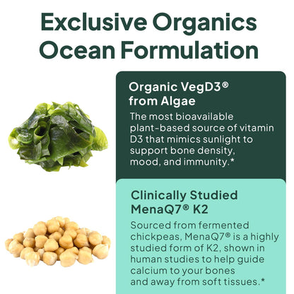 Organics Ocean Better D3 + K2 – 3000 IU VegD3 + MenaQ7 K2 (Vegan, Non-GMO) – 1-Pack, 30-Day Supply