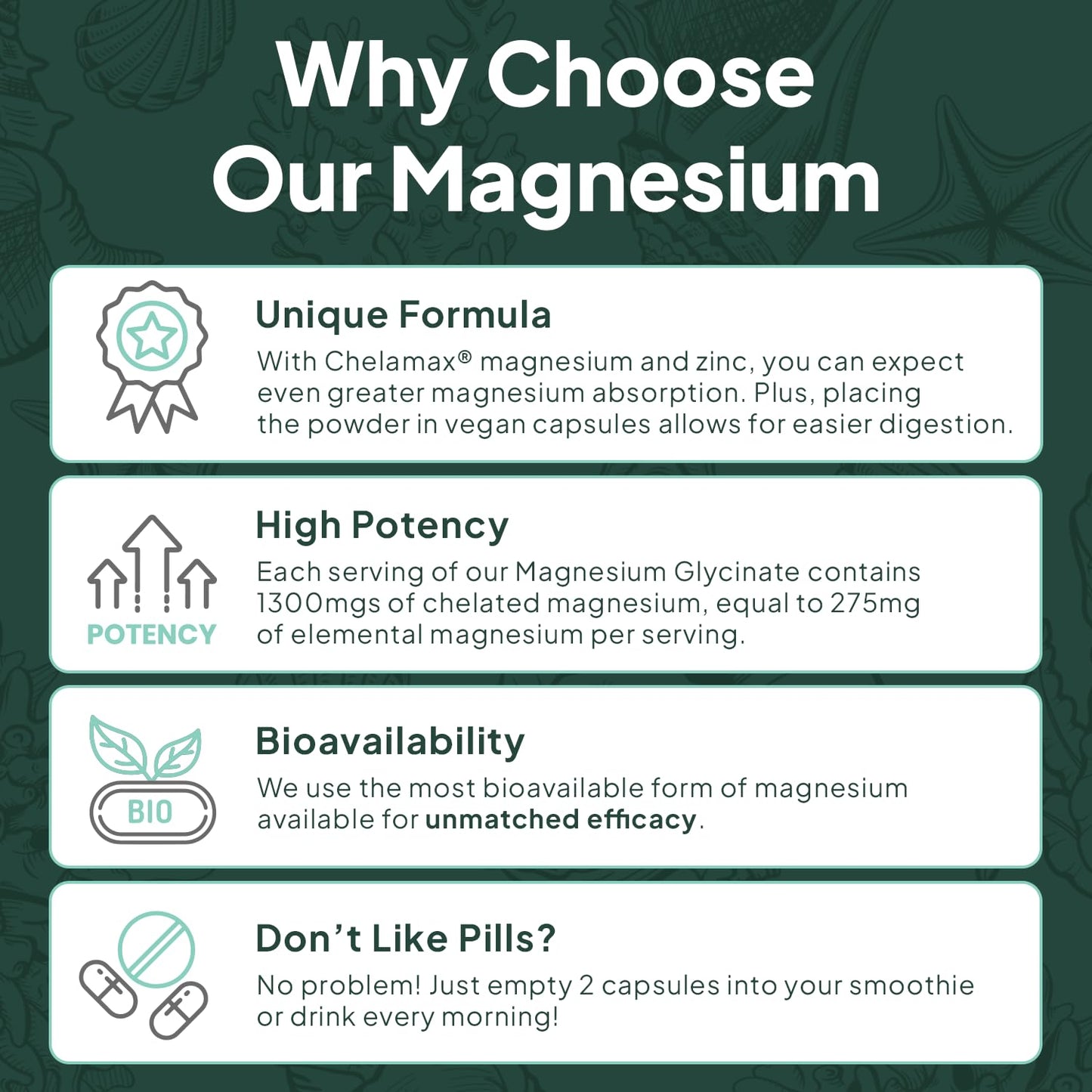 Organics Ocean Magnesium Glycinate with Zinc – Maximum Strength Chelated Magnesium (90 Capsules)