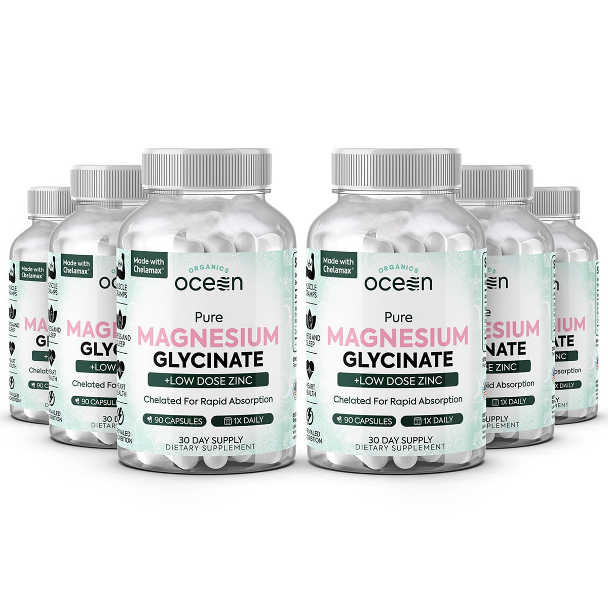 Organics Ocean Pure Magnesium Glycinate with Zinc – Maximum Strength Chelated Magnesium for Sleep & Muscle Support (6 Bottles)