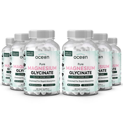 Organics Ocean Pure Magnesium Glycinate with Zinc – Maximum Strength Chelated Magnesium for Sleep & Muscle Support (6 Bottles)