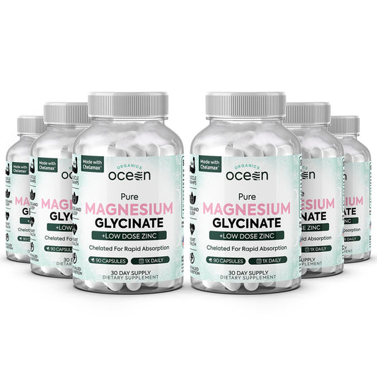 Organics Ocean Pure Magnesium Glycinate with Zinc – Maximum Strength Chelated Magnesium for Sleep & Muscle Support (6 Bottles)