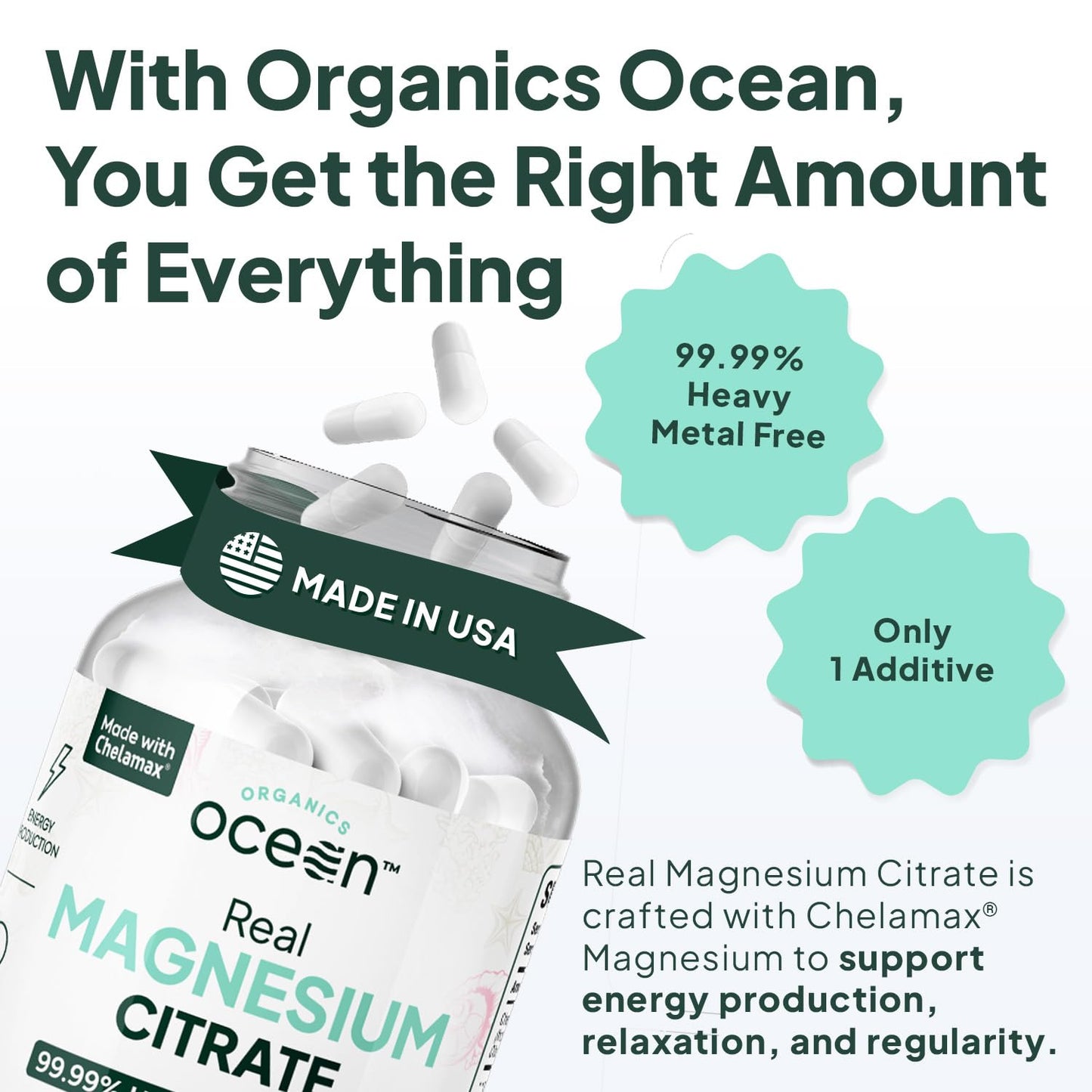 Organics Ocean Real Magnesium Citrate - High-Absorption Chelated Magnesium for Energy, Relaxation & Regularity