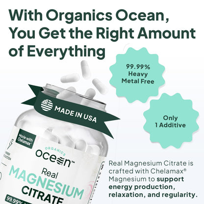 Organics Ocean Real Magnesium Citrate - High-Absorption Chelated Magnesium for Energy, Relaxation & Regularity