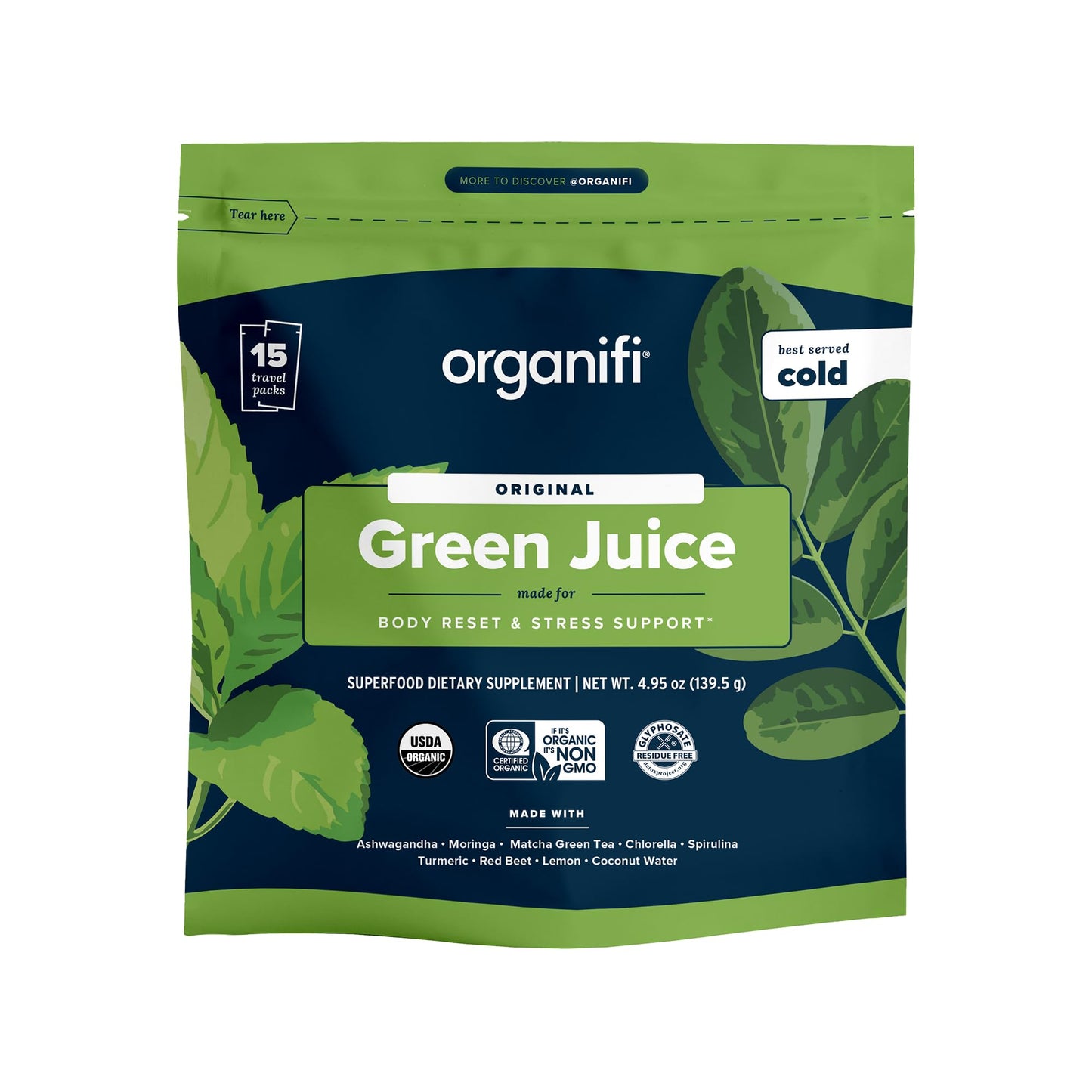 Organifi GO Packs: Green Juice – Organic Superfood (15 Travel Packs)