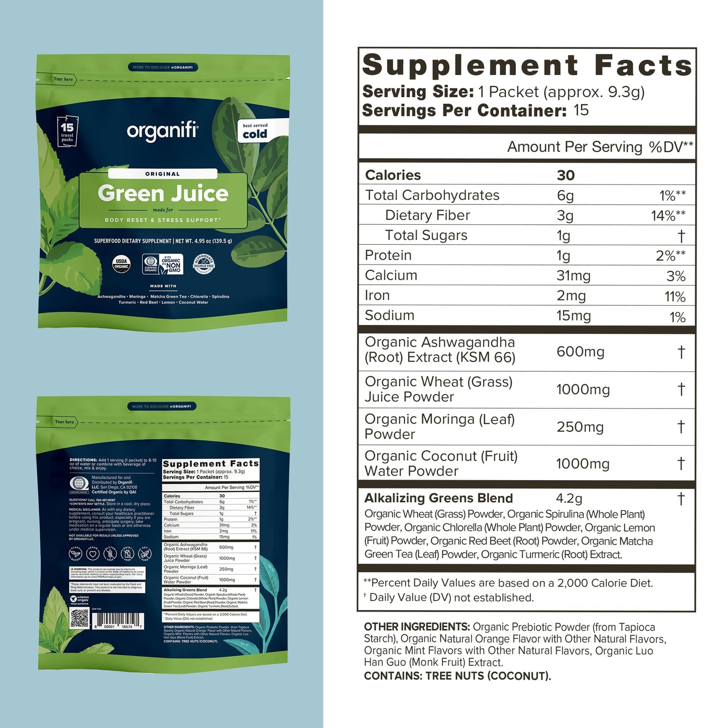 Organifi GO Packs: Green Juice – Organic Superfood (15 Travel Packs)