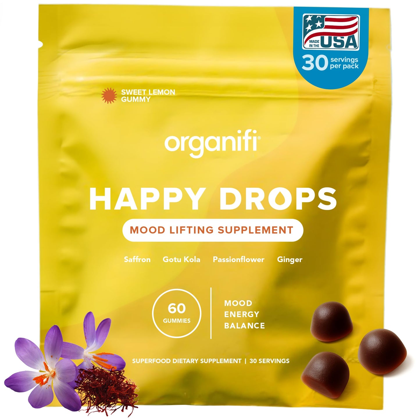 Organifi Happy Drops – Daily Mood Support Gummies (Lemon) – 60 Gummies