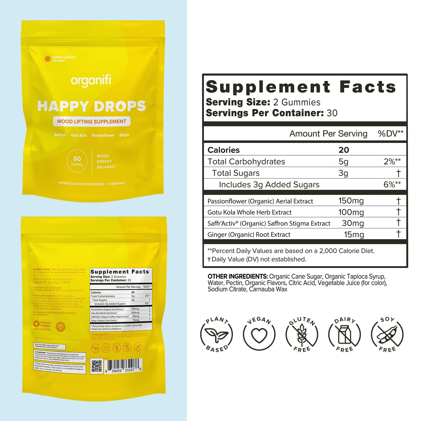 Organifi Happy Drops – Daily Mood Support Gummies (Lemon) – 60 Gummies