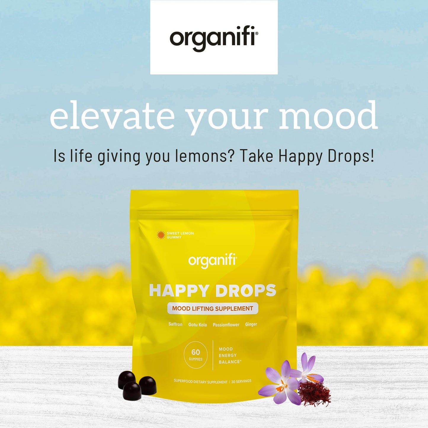 Organifi Happy Drops – Daily Mood Support Gummies (Lemon) – 60 Gummies