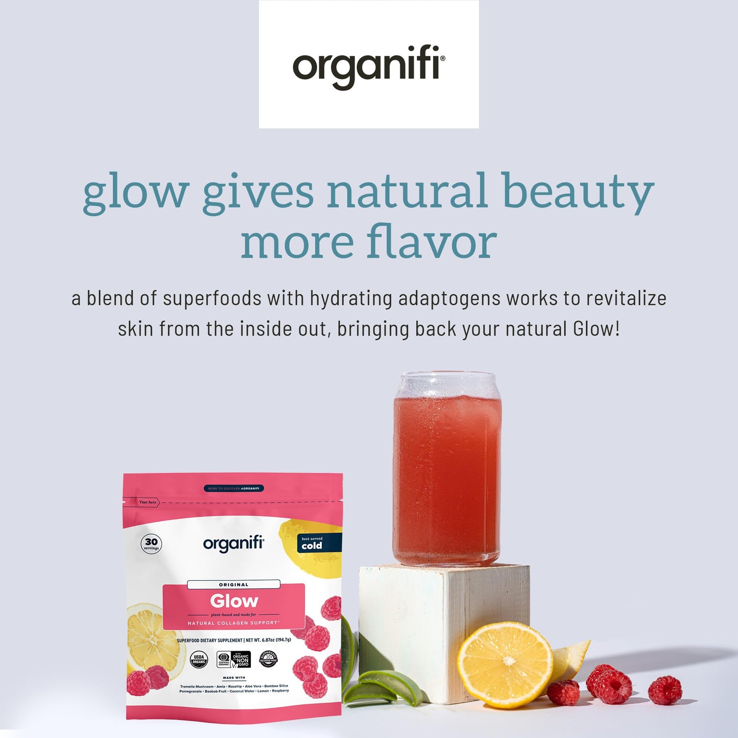 Organifi Glow - Vegan Collagen Powder for Women | Organic Flavored Water Ingredient, 30 Servings
