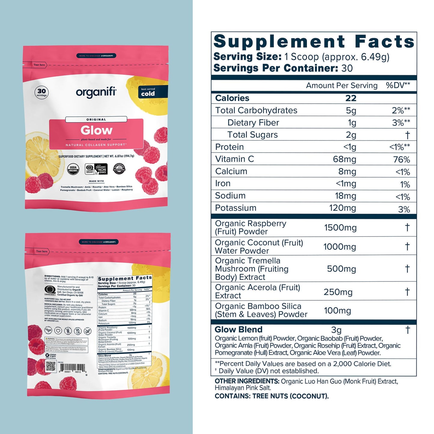 Organifi Glow - Vegan Collagen Powder for Women | Organic Flavored Water Ingredient, 30 Servings