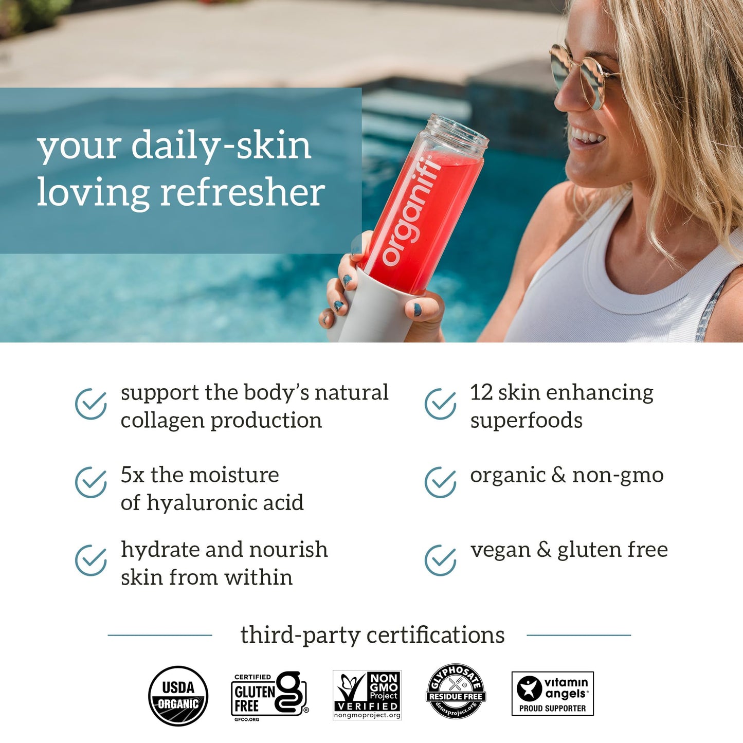 Organifi Glow - Vegan Collagen Powder for Women | Organic Flavored Water Ingredient, 30 Servings