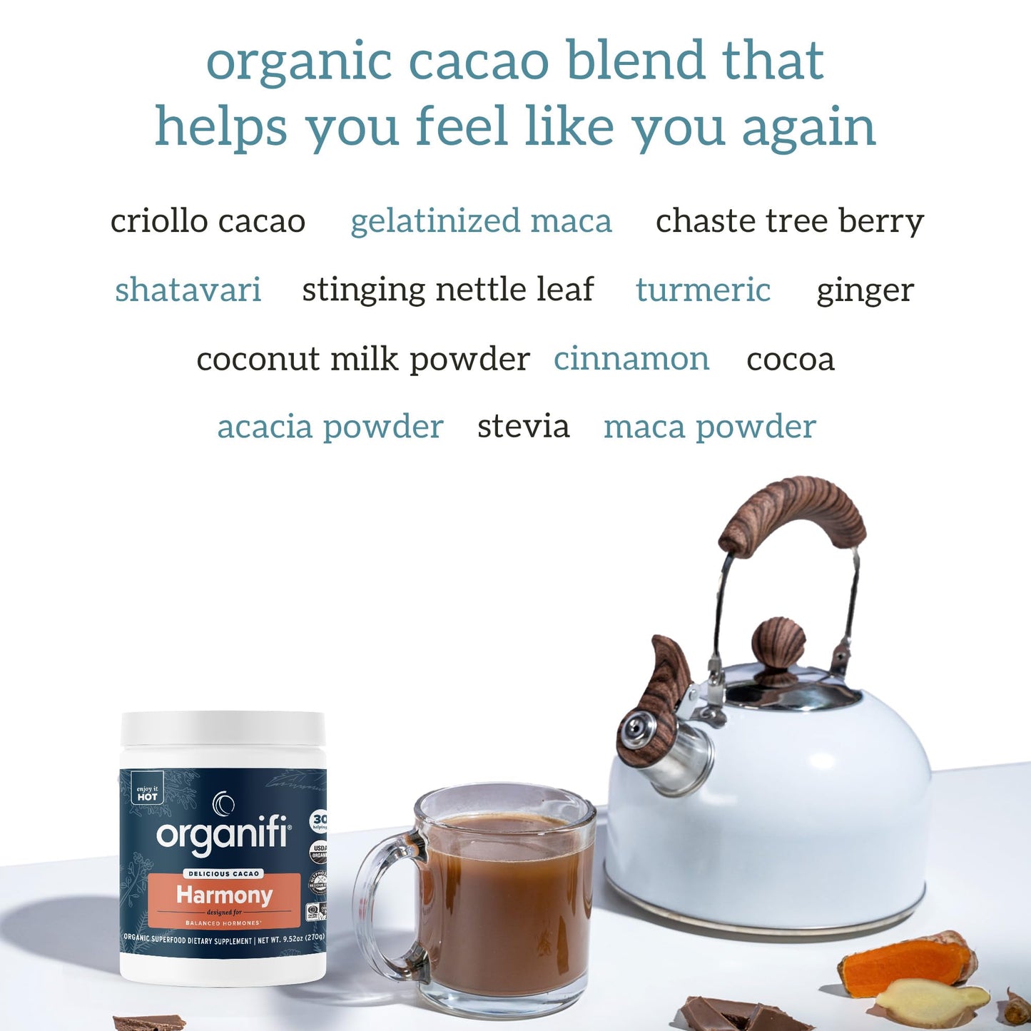 Organifi Harmony: Hormone Support for PMS Relief & Energy | Gluten Free & Vegan Cacao Powder, 30 Servings