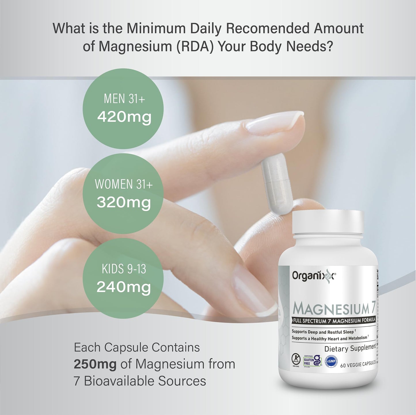 Organixx Magnesium Glycinate 7-Form Complex – Sleep, Muscle & Heart Health | 60 Capsules