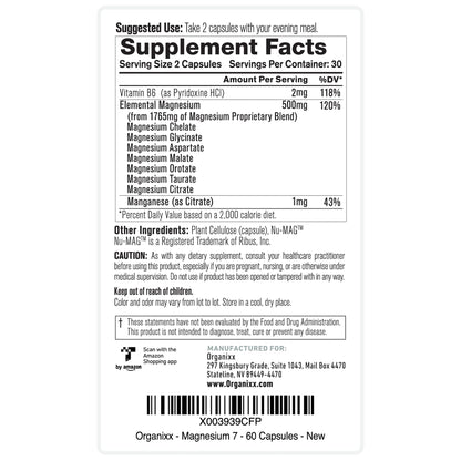 Organixx Magnesium Glycinate Supplement – 7-Type Magnesium Complex with Vitamin B6 & Manganese Citrate, Gluten Free, Non-GMO, 120 Capsules (2-Pack)