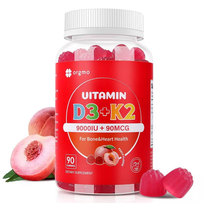 ORGMO Vitamin D3 K2 Gummies for Women – Sugar Free, 9000IU, Peach Flavor | 90 Count