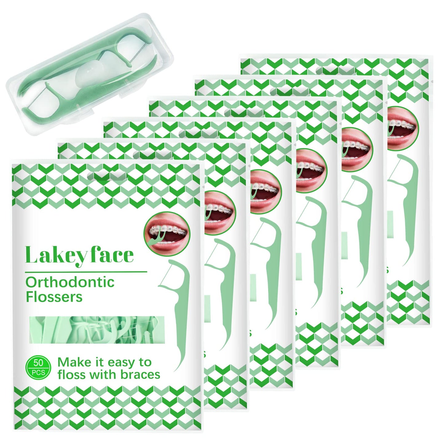 300 Count Orthodontic Flossers with Dispenser – Brace Flossers for Braces (Pack of 6, 50 Count Bags)