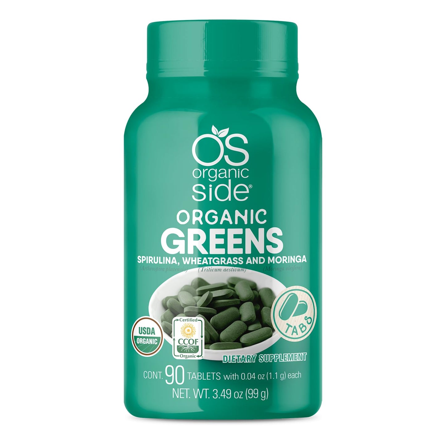 OS Organic Side Organic Greens - Spirulina, Wheatgrass & Moringa (90 Tablets)
