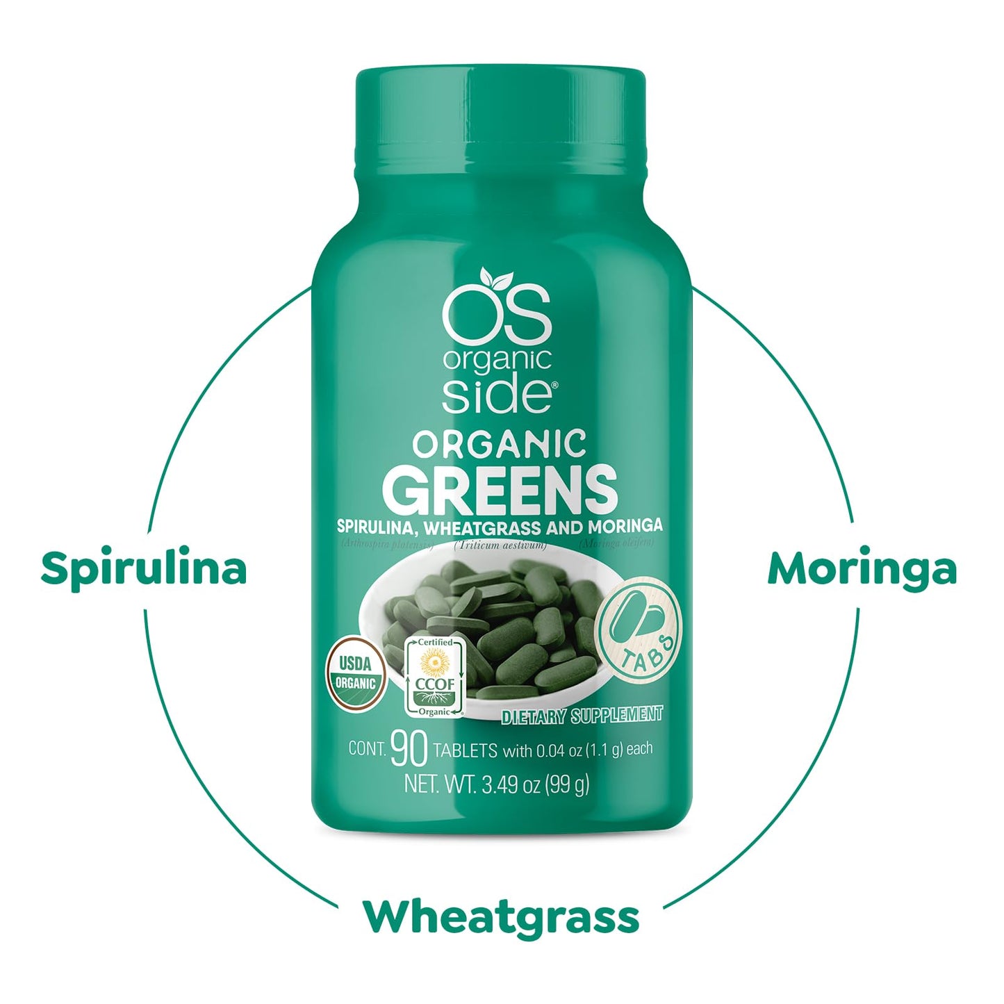 OS Organic Side Organic Greens - Spirulina, Wheatgrass & Moringa (90 Tablets)