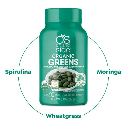 OS Organic Side Organic Greens - Spirulina, Wheatgrass & Moringa (90 Tablets)