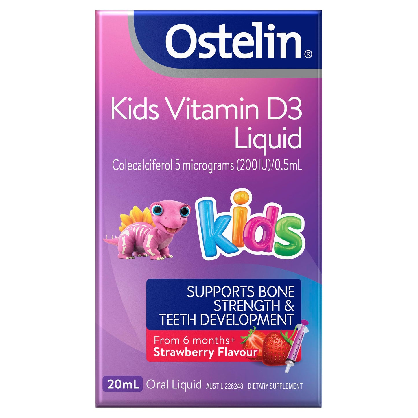 Ostelin Kids Vitamin D Liquid 20ml — 200IU Vitamin D3 (Strawberry)