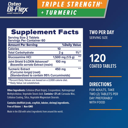 Osteo Bi-Flex Triple Strength Glucosamine + Turmeric - Joint Support, 120 Tablets
