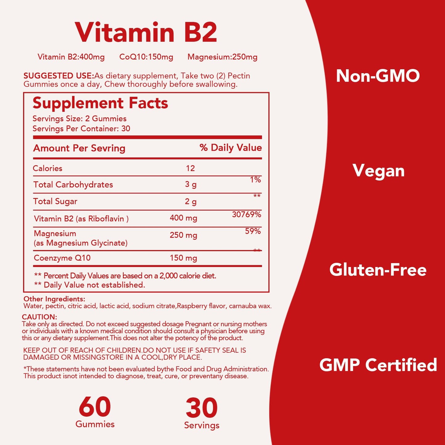 Ourui One Vitamin B2 Gummies 400mg – Riboflavin 400mg with CoQ10 150mg, Magnesium 200mg | 60 Vegan Raspberry Gummies (Pack 2)