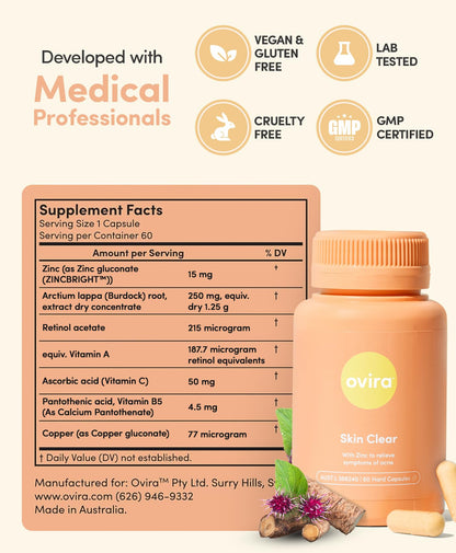 Ovira Skin Clear with ZINCBRIGHT - 60 Capsules for Clear & Glowing Skin | Rosacea & Hormonal Acne Treatment with Vitamin C | Support Collagen Production | Acne Supplements for Women & Men - Pack of 1