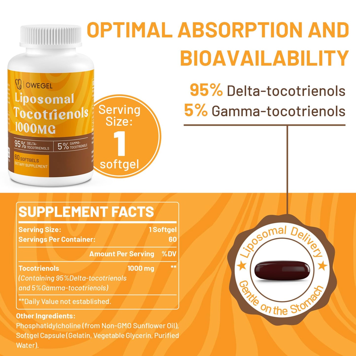 owegel Liposomal Tocotrienols 1000mg – High Bioavailability Vitamin E Tocotrienols, 60 Softgels
