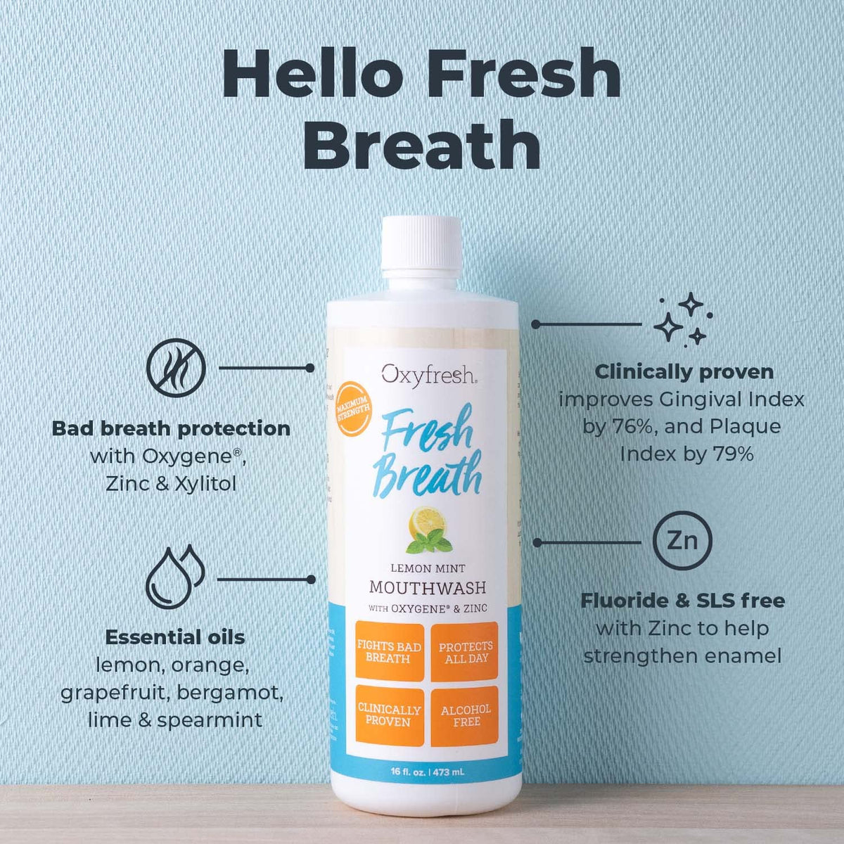 Oxyfresh Lemon Mint Fresh Breath Mouthwash – SLS Free, Fluoride Free, Alcohol Free | 128 oz Gallon