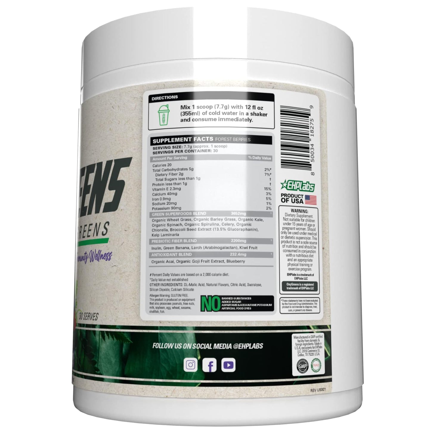 EHP Labs OxyGreens Forest Berries – Daily Greens Powder with Spirulina, Chlorella, Prebiotics & Enzymes | 30 Servings