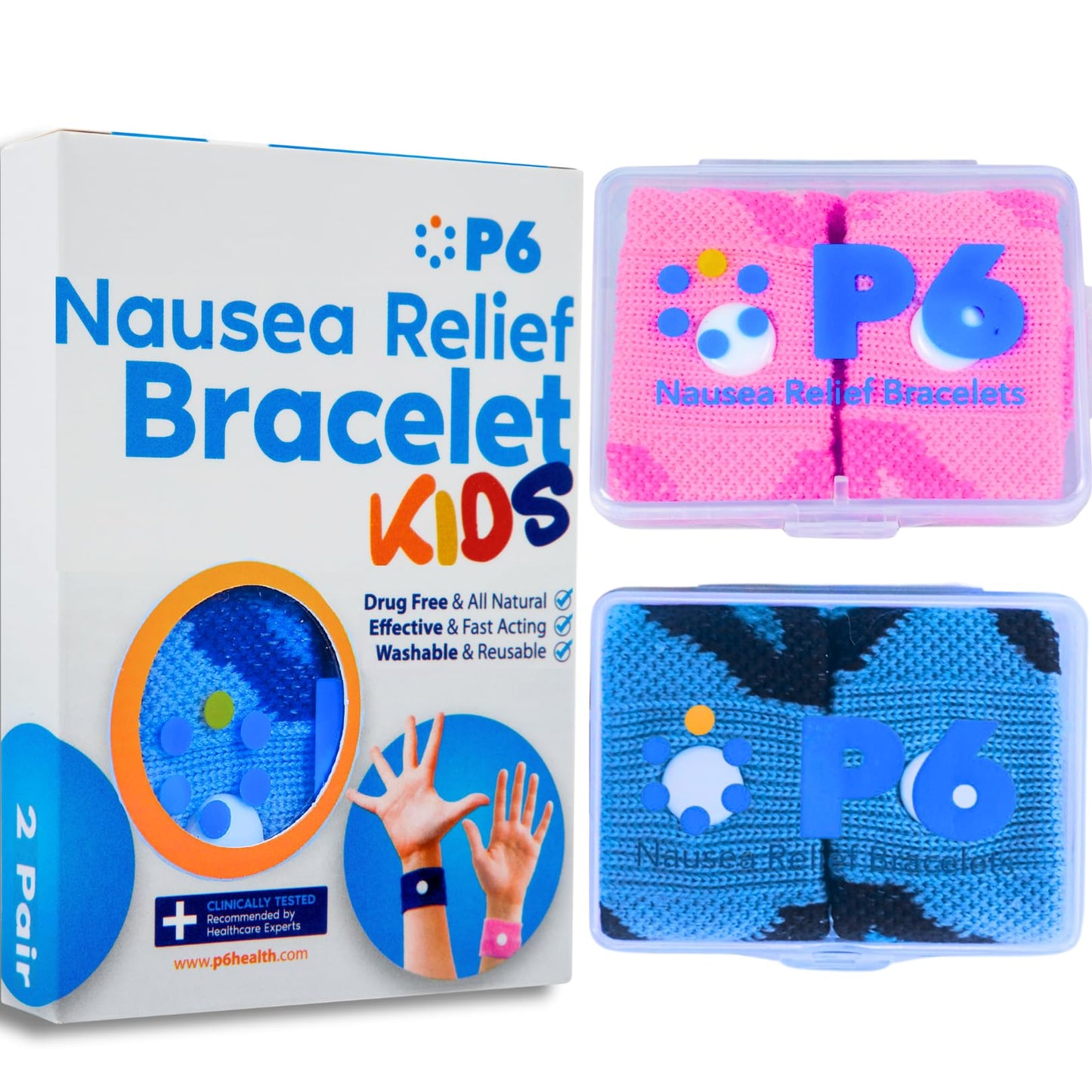 P6 Motion Sickness Bands for Kids - All-Natural Acupressure (2 Pack, Pink/Blue)