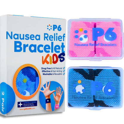 P6 Motion Sickness Bands for Kids - All-Natural Acupressure (2 Pack, Pink/Blue)