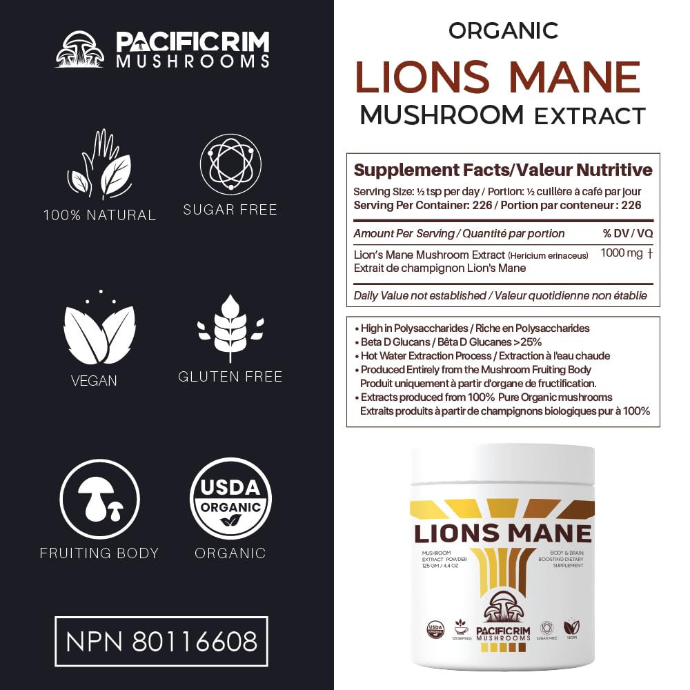 Pacific Rim Mushrooms Lions Mane Supplement Powder Ultra Strength 10:1 Organic Lions Mane Mushroom Supporting Memory, Cognition, Brain Health, 8 Ounces / 226 Servings