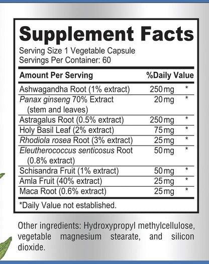 Adaptogen Stress Relief Immune Support Formula - Ashwagandha, Ginseng & 9 Herbs, 60 Capsules (Pack of 2)