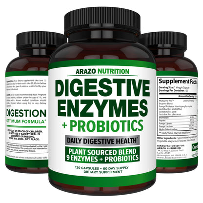 Arazo Nutrition Digestive Enzymes with Probiotics – Multi-Enzyme Digestive Supplement (120 Pills x 2 Pack)