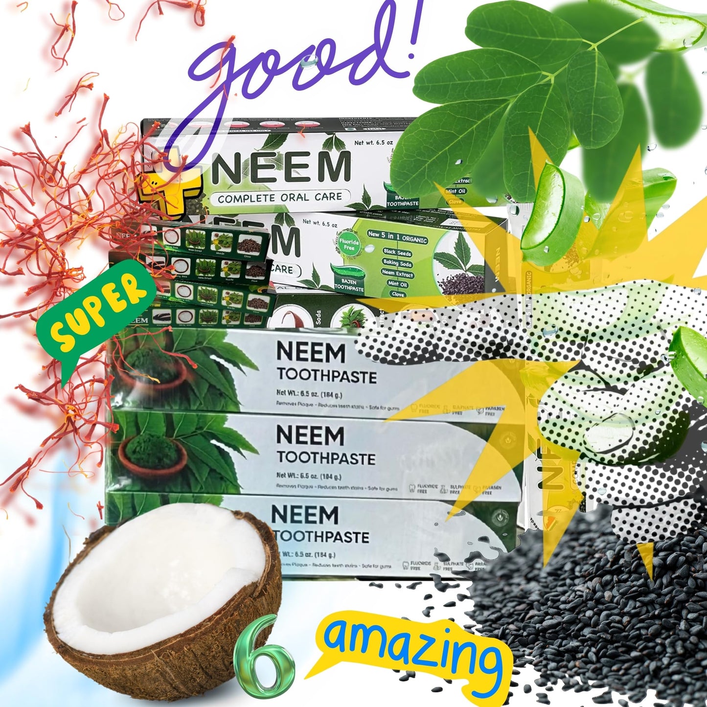 Pack of 6 Organic Neem 10-in-1 Fluoride-Free Toothpaste – 7.05 oz