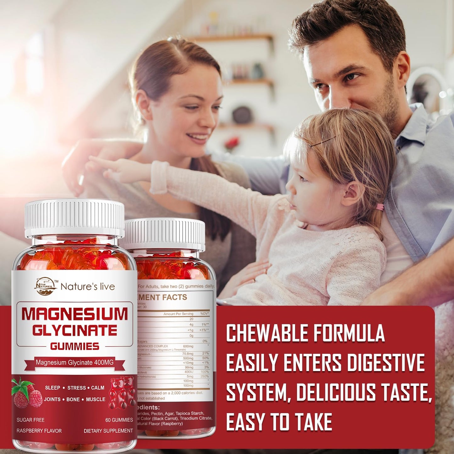 Magnesium Glycinate Gummies 400mg + L-Threonate 200mg – Potassium Magnesium Calm Mood & Sleep Gummies, 2 Pack, Raspberry