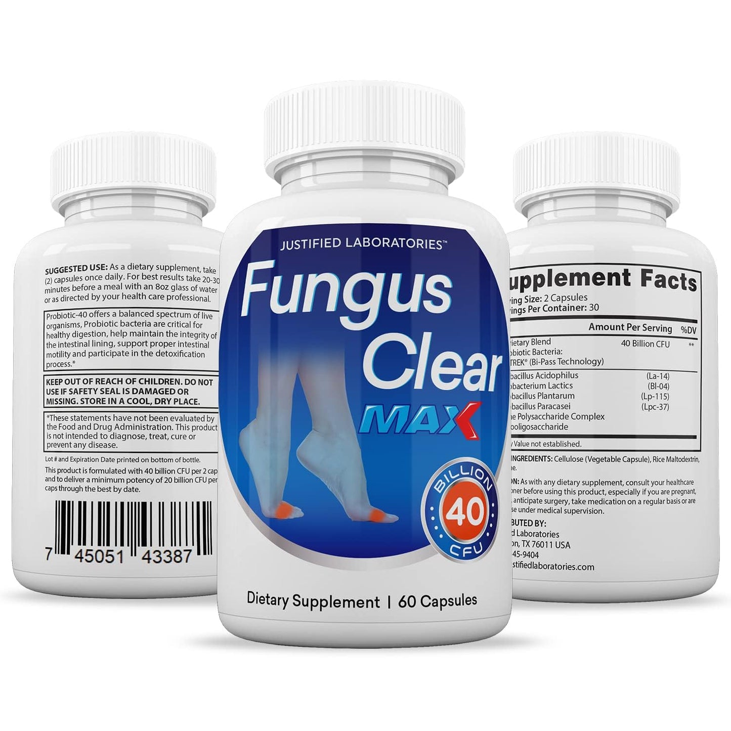 Justified Laboratories Fungus Clear Max Probiotic 40 Billion CFU - 2 Pack, 120 Capsules