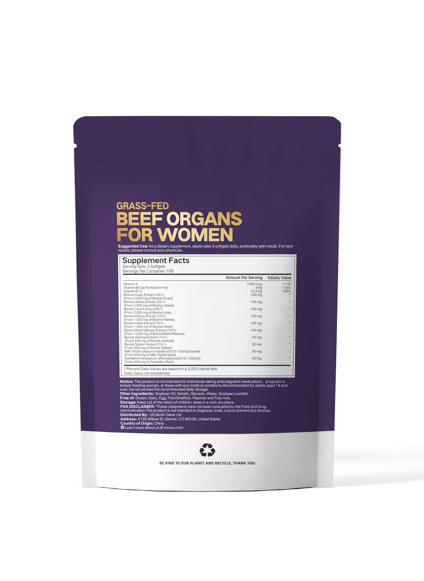 Beef Organ Supplement for Women - 100 Day Supply | 11,000mg per Serving | Grass-Fed