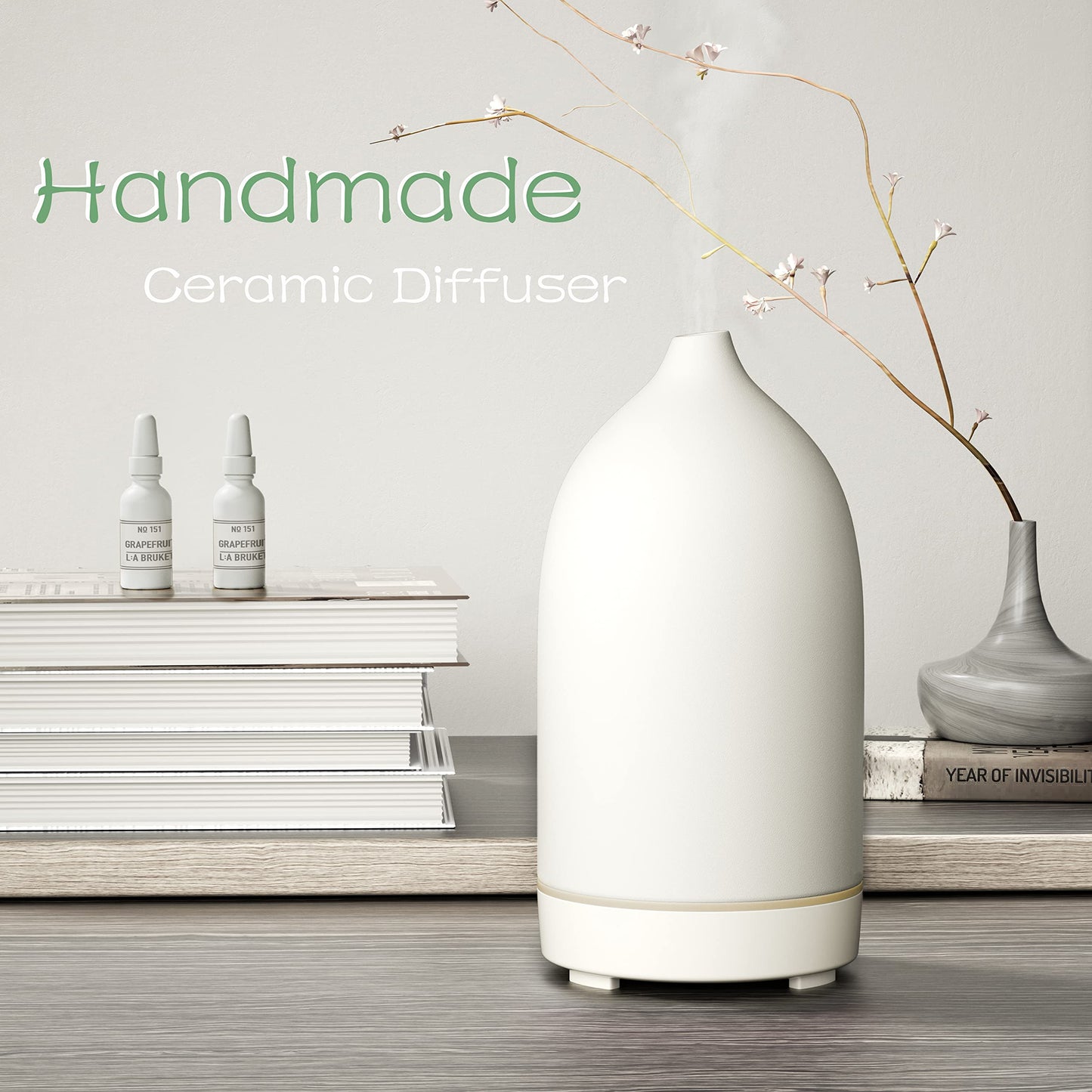 Handmade Ceramic Essential Oil Diffuser – Auto-Off, 9-Color Night Light