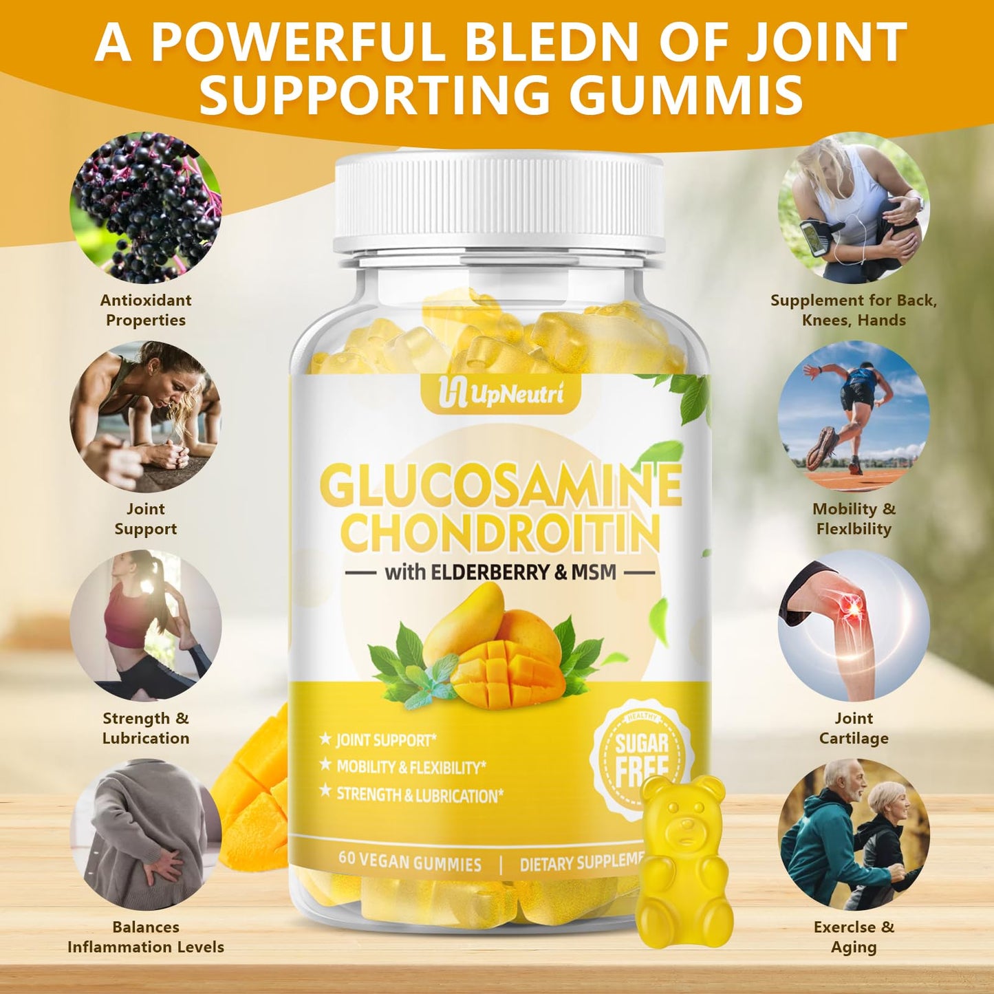 Sugar Free Glucosamine Chondroitin Gummies – Extra Strength 1500mg | Joint Support for Men & Women