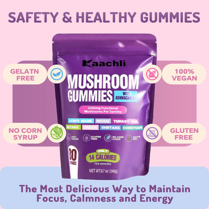 KAACHLI Ashwagandha & 8 Mushroom Blend Gummies 500mg | Focus, Energy & Cognitive Boost – 80 Count