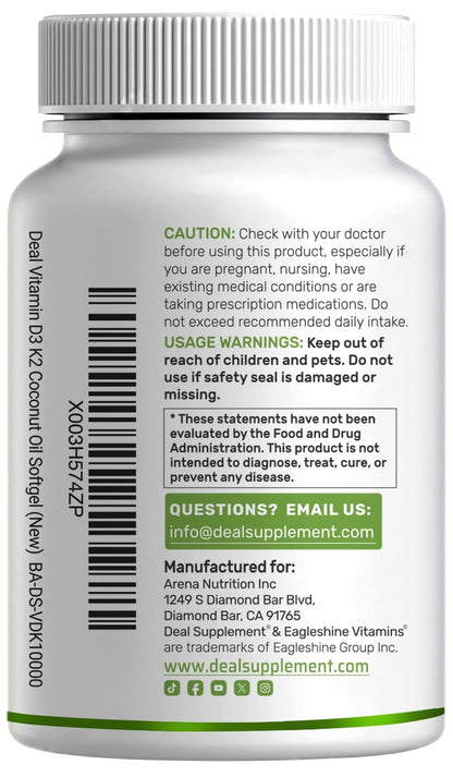 DEAL SUPPLEMENT Vitamin D3 10,000 IU + K2 MK7 200mcg Softgels – 2-in-1 Coconut Oil Carrier, 250 Count