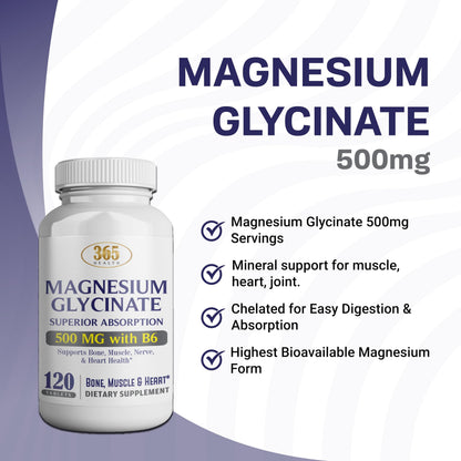 365 Health Magnesium Glycinate 500mg – 120 Vegetarian Tablets | Non-GMO, Gluten Free