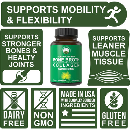 Peak Performance Bone Broth Collagen Capsules — Grass-Fed, All 3 Types (I, II, III) | 180 Pasture-Raised, Paleo-Friendly