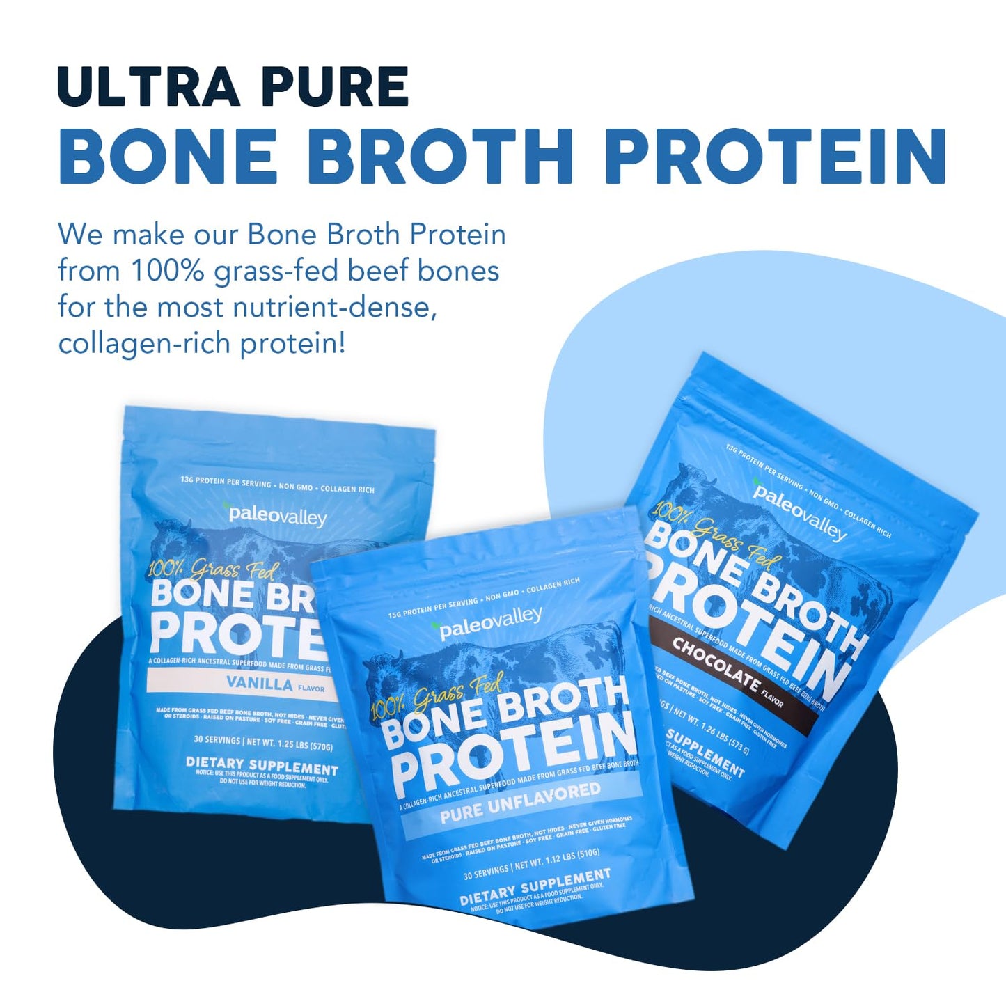 Paleovalley Grass-Fed Bone Broth Protein Powder, Chocolate – 15g Protein