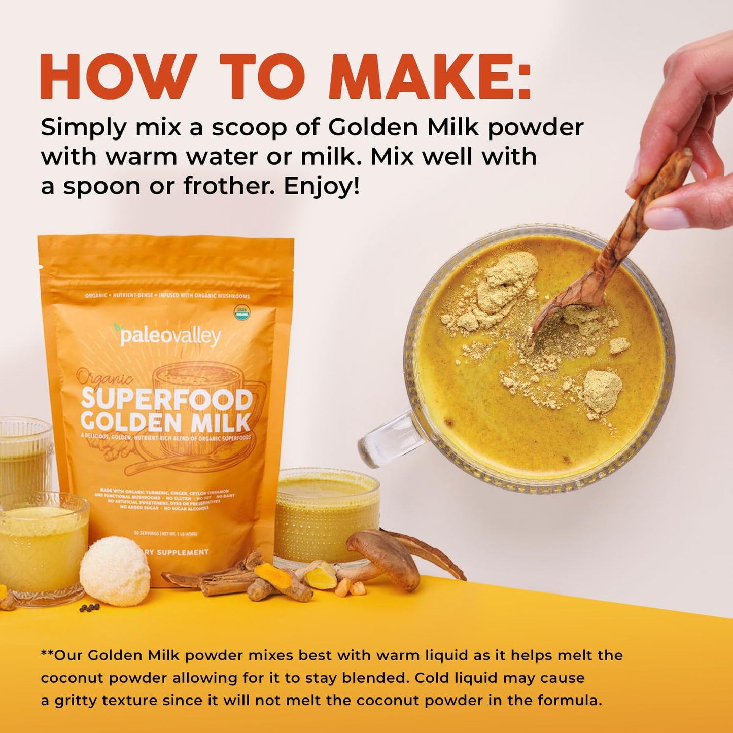 Paleovalley Organic Superfood Golden Milk — Turmeric, Whole Mushroom Blend & MCT Coconut Milk, 30 Servings