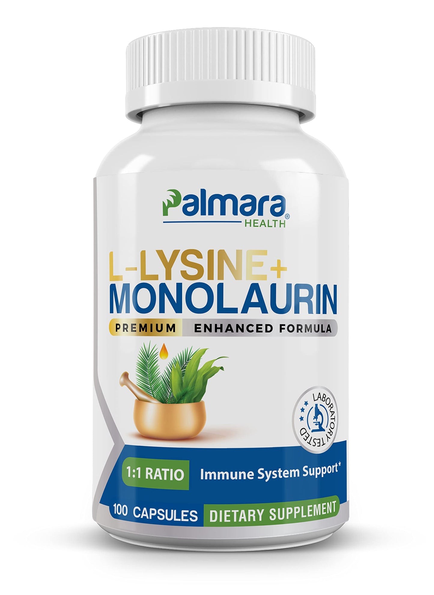 Palmara Health L-Lysine + Monolaurin 600mg 1:1 Ratio – 1 Pack, 100 Capsules | Vegan, Non-GMO, Gluten Free